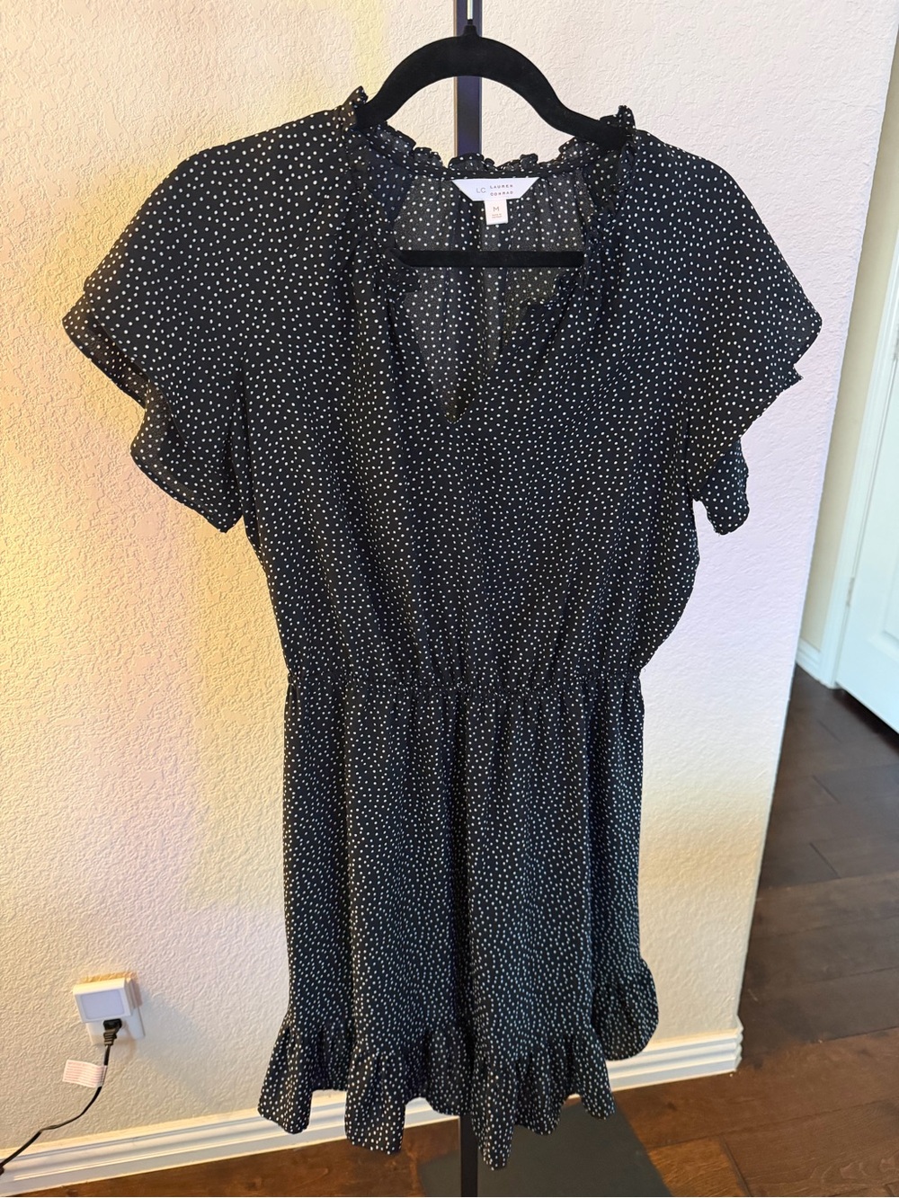 LC Lauren Conrad Black with White Dot Ruffle-Hem Mini Dress